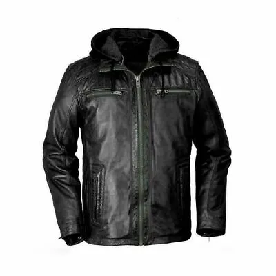 Mens Hooded Leather Jacket Genuine Lambskin Leather Biker Black Hoodie Coat • $99.99