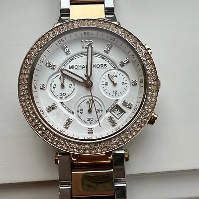 Michael Kors MK-5820  Silver/Rose Gold 2-Tone Quartz Chronograph Watch RARE • $45