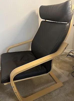 Dark Brown Leather And Birch Wood IKEA Poang Chair With Ottoman • $99