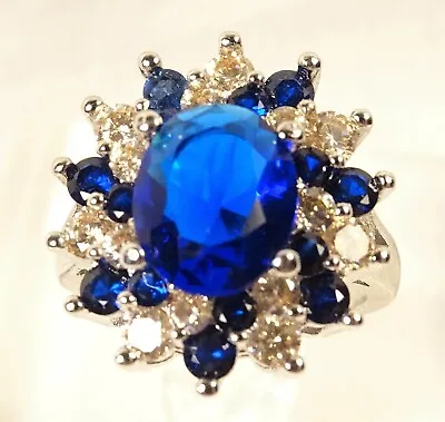 Beautiful Blue Sapphire Pin Wheel Multi Stone Sterling Silver Cocktail Ring Sz 7 • $49.99