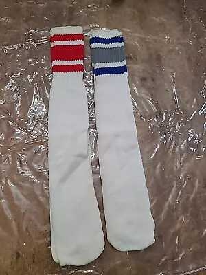 Vintage Over The Calf Tube Socks 2 Pr. Red Stripe &Gray/Blue Made USA Check Pics • $10