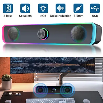 LED USB Wired Computer Sound Bar Speakers Subwoofer Stereo For PC Desktop Laptop • £12.99