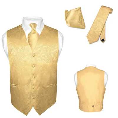 Men's Dress VEST NeckTie For Suit Tuxedo GOLD Color PAISLEY Design Tie Hanky Set • $27.95