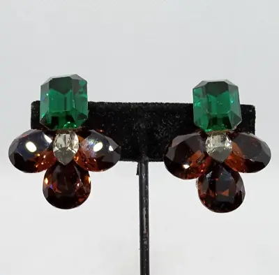 Vintage Wendy Gell Brown & Green Rhinestone Clip-On Earrings Signed • $22.50