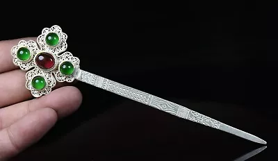 16CM Rare Old Chinese Miao Silver Gems Dynasty Belle Flower Jewelry Hairpin • $25