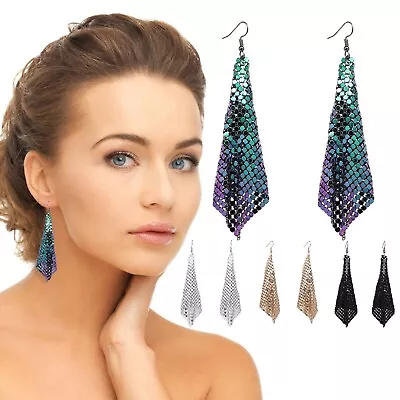 Women Earrings Metal Mesh Lattice Sequins Tassel Long Drop Dangle Earrings • £2.39