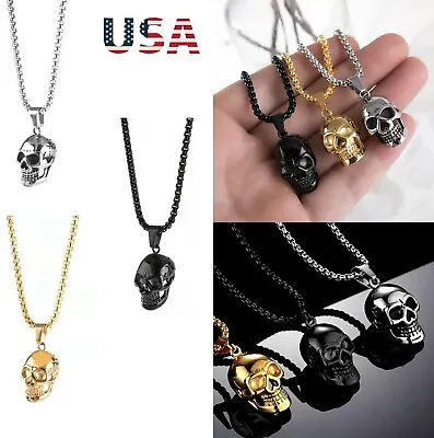 Mens Gothic Biker Skull Pendant Necklace Men Stainless Steel Chain Silver USA • $6.71
