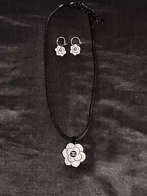 Vintage Rare Chanel Black White Enamel CC Camellia Flower Earring Necklace Set • $150