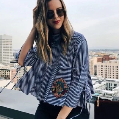$14.98 • Buy Zara Women Blouse XS Striped Embroidered Tiger Patch Top Navy