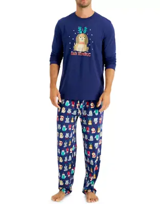Family PJs Pajamas Men's Bah Humbug Dog Christmas 2 Pc Blue Pajama Set Small • $19.94