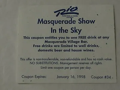RIO Hotel & Casino  Las Vegas MASQUERADE IN THE SKY Free Drink Coupon 1998 • $8.95