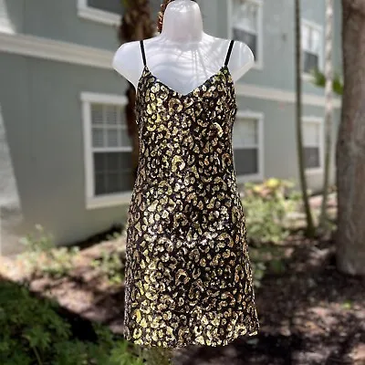 G Guess Black Sequins Mini Dress Size XS Gold Ranji Cheetah Sexy Animal Print • $35