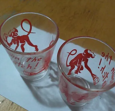 Mid-century  DOWN THE HATCH  Red Monkeys Clear Shot Glass (2) Estate • $15