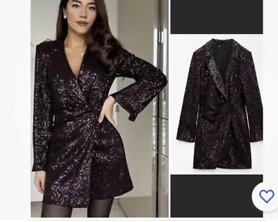 New Zara Sequin Glitter Purple Ruched Blazer Mini Dress Festive SZ Med • £48.25