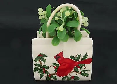 Vintage Lefton Ceramic Shopping Bag With Christmas Cardinal Ornament 3  X 3.75  • $9.99