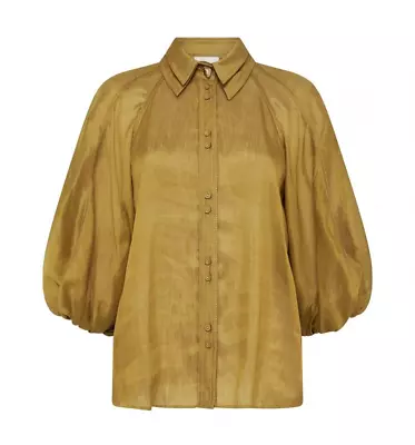 Aje Size 12 Palms Puff Sleeve Double Collar Chartreuse Gold Button Shirt Blouse  • $95