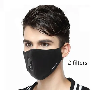 Face Mask Protective 2 Filters Dust Pollen Washable Reusable Black PM 2.5 FM1 UK • £3.79