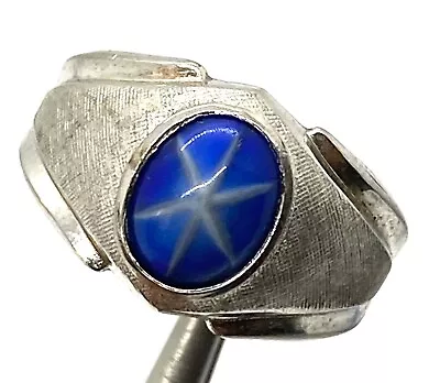 Mens Bold Biker Oval Blue Star Sapphire Silver Ring Size 11 • $48