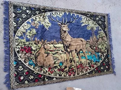 Vintage Large Tapestry Fringed Elk Deer Wall Hanging Cabin Woods 60x48”  • $44.99