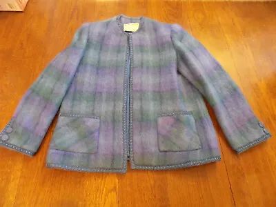 Vtg Donegal Design Ireland Mohair Wool Blazer Jacket Blue Purple Plaid Sz L EUC • $74.99