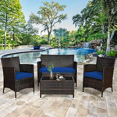 4PCS Patio Rattan Conversation Furniture Set Outdoor W/ Navy Cushion • $240.16