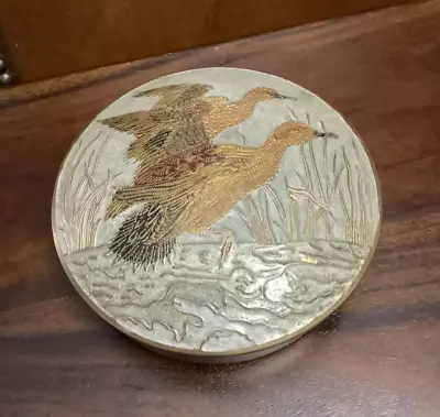 Vintage Enamel Brass Trinket Box Gray With Ducks  Made In India 5 In. Beautiful! • $13