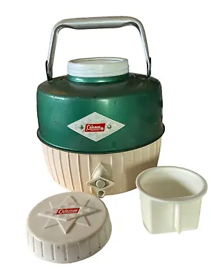 Vintage Coleman Water Jug Cooler Drink Dispenser Green White 1 Gallon Clean Cup • $48.50