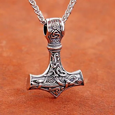 Viking Thor Hammer Mjolnir Mens Necklace Stainless Steel Silver Amulet Pendant • £7.95