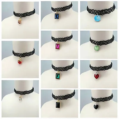 £2.99 • Buy Black Tattoo Stretch Chocker Necklace With Heart Cube Rectangle Shaped Pebdant