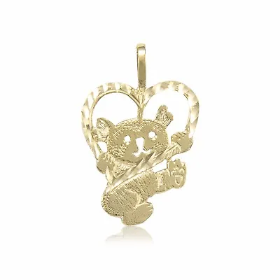 14K Solid Yellow Gold Heart Teddy Bear Pendant - Dia Cut Necklace Charm Women • $73.29