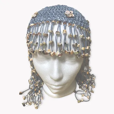 1970's Crochet And Shells Head Piece Exotic Headdress Shell Beaded Blue Sparkle • $54.99