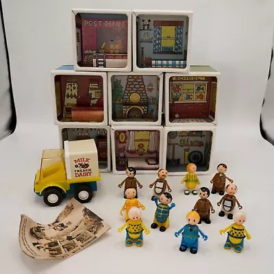 19 Piece Lot Vtg 1969 TWEAKIE TOY 8 Tin Buildings 10 People 1 Milk Truck 1 Paper • $41.97