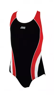 Zoggs Girls Noosa Fly Back Swimsuit Age 5-6 Gala Lessons Black/Red • £7.97