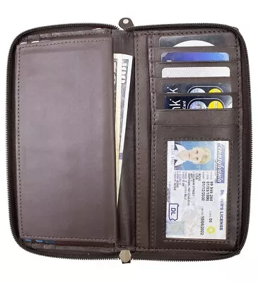 RFID Blocking Genuine Leather Checkbook Organizer 2 Zip Clutch Wallet • $22.08