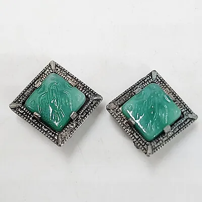 Vtg Marvella Chinese Faux Jade Green Carved Molded Peking Glass Clip On Earrings • $29.99