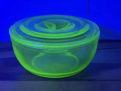 Vintage Green Uranium Vaseline Depression Glass Large Lidded Bowl - 9  • $45