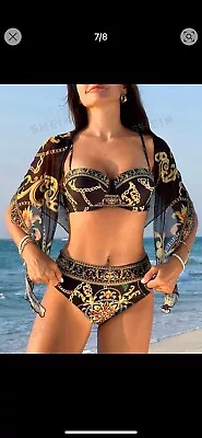 Gorgeous Shein Bikini Set Size L 12/14 Black And Gold Chain Pattern • £14.99