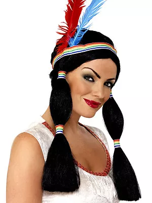 Womens Native American Indian Wig Long Black Wig Rainbow Bands Feathers Adult • $19.99