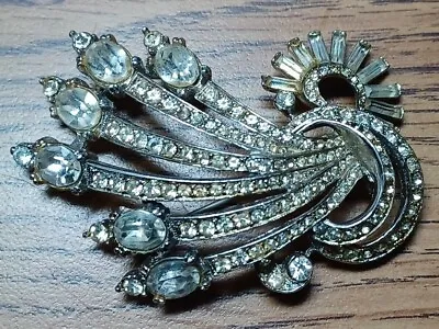 1940s Retro Deco Unsigned Mazer Rhodium-Plated Rhinestone Fur Clip Brooch • $115