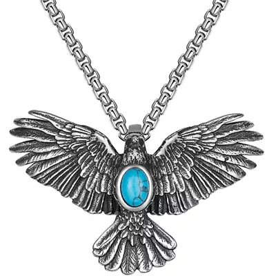  Eagle Necklace Stainless Steel Pendant For Men Turquoise Choker Vintage • £10.79