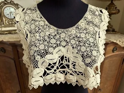 Antique Vtg Lace Collar-LG HM ANTIQUE IRISH CROCHET LACE BIB COLLAR DRESS FRONT • $139