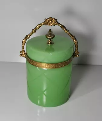 Vintage Opaline Murano Italy Green Cylinder Box With Brass Trim & Handle • $599.99