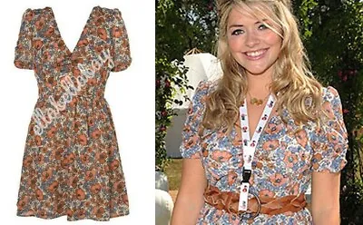 TOPSHOP Red Blue Poppy Floral Meadow Print V Neck Tea Dress Celebrity UK8 6 36 • £39.99