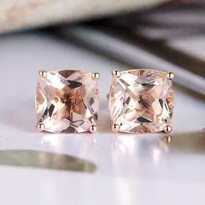4CT Cushion Cut Peach Morganite Stud Earrings 14K Rose Gold Plated Lab Created • $70.49