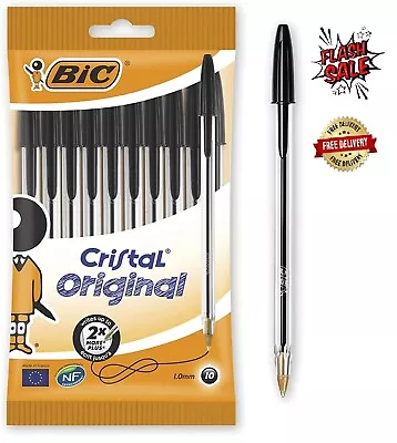 BIC PENS Cristal Medium Office Ball Point Pens Biros 1.0MM BLACK ORIGINAL 10 • £5.99