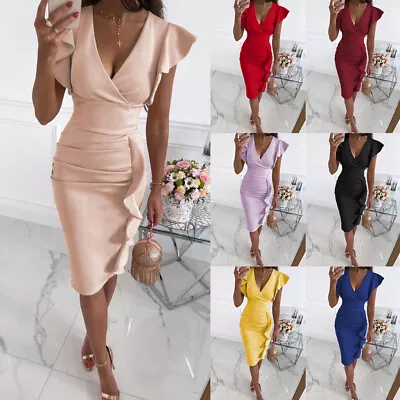 Women's Ruffle V-Neck Midi Dress Short Sleeve Sexy Sleeveless Bodycon Wrap Dress • £12.79