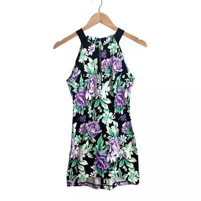 Maurie & Eve Floral Sheath Dress Purple Black Keyhole High Hi Low Bodycon S • $11.99