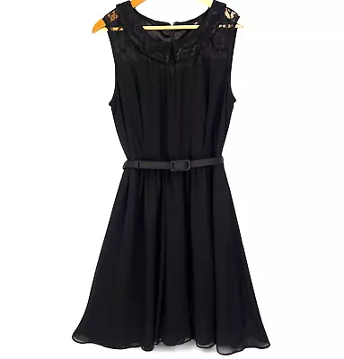 City Chic Belted Dress Size XS 14 Black Chiffon Peter Pan Collar • $24.99