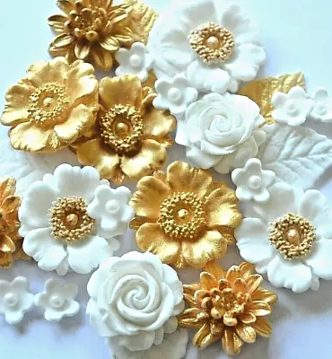 GOLD BOUQUET Edible Sugar Paste Flowers Cup Cake Decorations Toppers Anniversary • £8.95