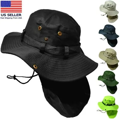 Unisex Bucket Boonie Hat Neck Cover Flap Sun Wide Brim Fishing Solid Outdoor Cap • $10.99